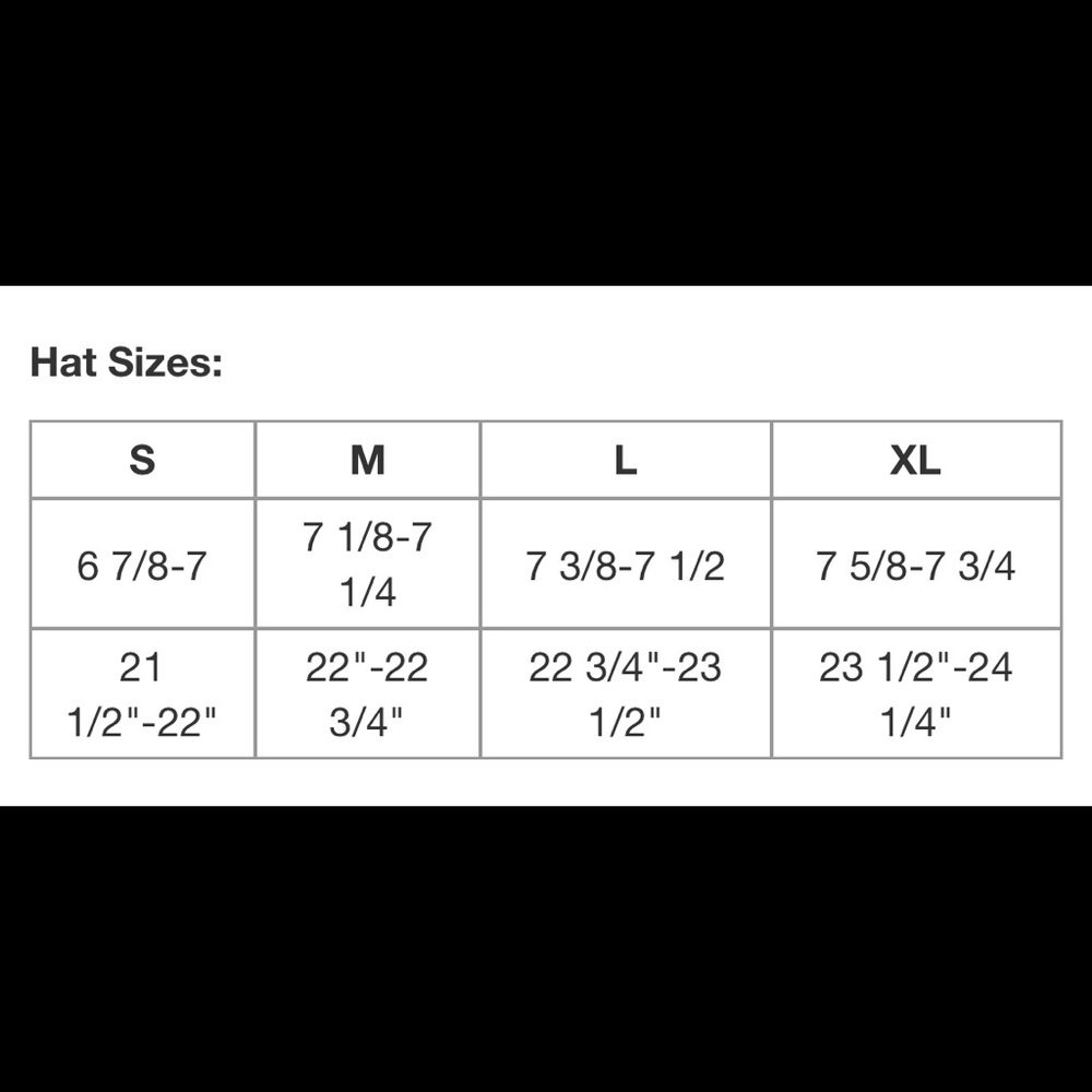 Hat sizing chart
